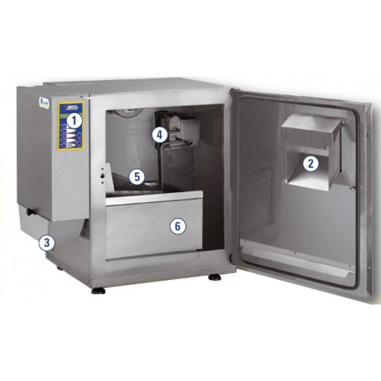 1 Clavier commande – 2 Porte de chargement – 3 Trémie déchargement – 4 Système recyclage air – 5 Panier - 6 Bassin huile - KL3