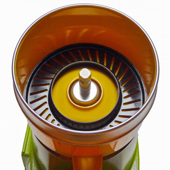 PRESSE-AGRUMES SANTOS N°11. VUE : Axe acier à embout carré (fixation ogive modèle après juin 1992), Cuve à jus, Grille filtre