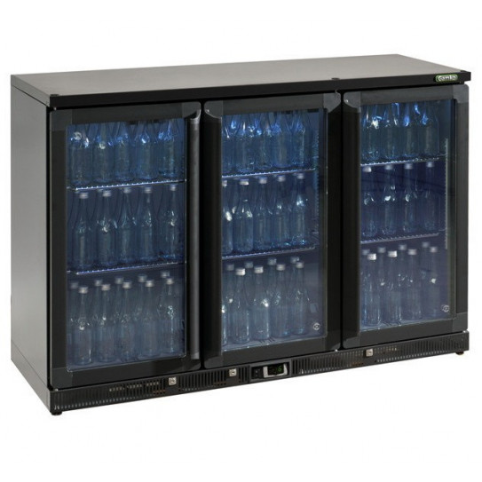 Vitrine de présentation boissons 3 portes vitrées en skin-plate anthracite. Dim ext L1350 x P514 x H900mm - MG2/315G Gamko