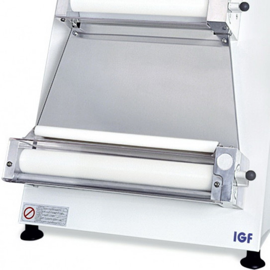 Détail module bas façonneuse pizza rouleaux parallèles Ø sortie 40 cm IGF 2300 / B40P GEMMA renforcée coque blanche