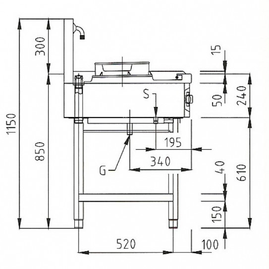 Dimension latérale Wok 2 brûleurs dragons 13 kW sur pietement NGER 13-70 Nayati
