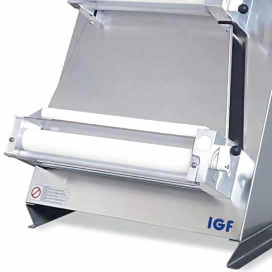 Détail module bas façonneuse pizza rouleaux parallèles Ø sortie 40 cm IGF 2300 / L40P GEMMA INOX renforcée