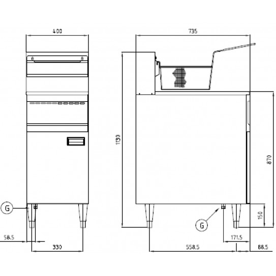 Dimensions Friteuse Gaz 23L. 21 kW Nayati GFE40RS