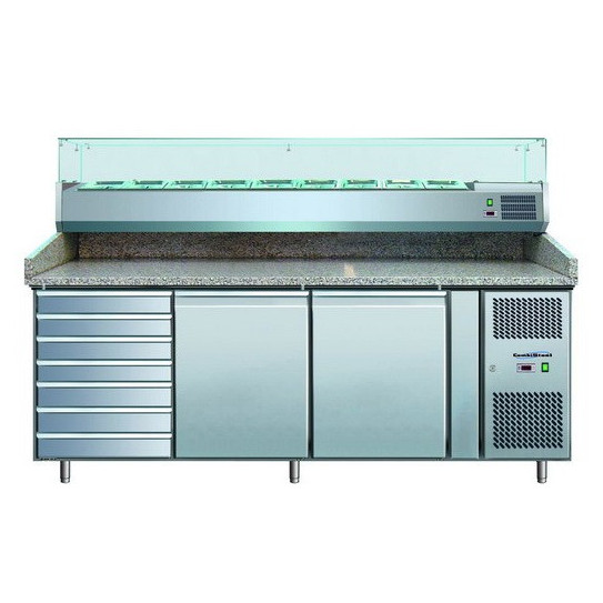 Meuble préparation pizza dessus granit, vitrine réfrigérée, 7 tiroirs, 2 portes PZ2610TN-VRX380 Meuble préparation pizza dessus granit, vitrine réfrigérée, 7 tiroirs, 2 portes PZ2610TN-VRX380