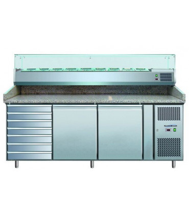 Meuble préparation pizza dessus granit, vitrine réfrigérée, 7 tiroirs, 2 portes PZ2610TN-VRX380 Meuble préparation pizza dessus granit, vitrine réfrigérée, 7 tiroirs, 2 portes PZ2610TN-VRX380