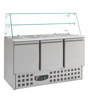 Saladette réfrigérée 3 portes dessus 4xGN1/1 avec pare-haleine en verre + étagère verre + plan de découpe