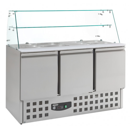 Saladette réfrigérée 3 portes dessus 4xGN1/1 avec pare-haleine en verre + étagère verre + plan de découpe Saladette réfrigérée 3 portes dessus 4xGN1/1 avec pare-haleine en verre + étagère verre + plan de découpe