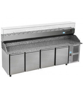 Meuble Pizza Chef préparation pizza 4 portes dessus comptoir granit + Vitrine ingrédients réfrigérée PIZ 4P 800 + VD3/270 DAP