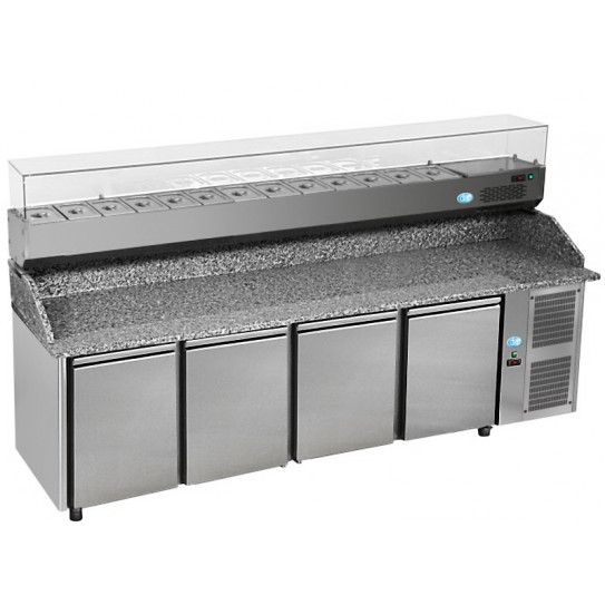 Meuble Pizza Chef préparation pizza 4 portes dessus comptoir granit + Vitrine ingrédients réfrigérée PIZ 4P 800 + VD3/270 DAP
