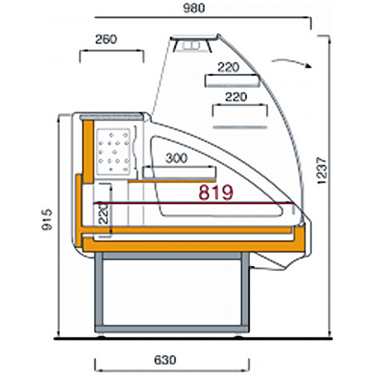 Comptoir vitrine réfrigérée shéma dimensions - UT14/A4 DIAMOND