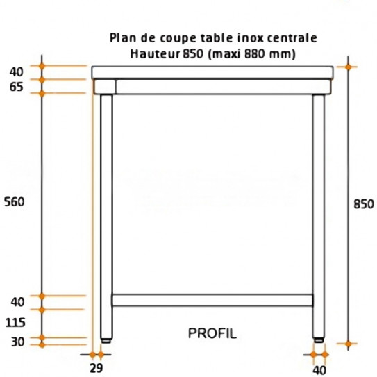 Table inox centrale Profondeur 700 Hauteur 850 mm