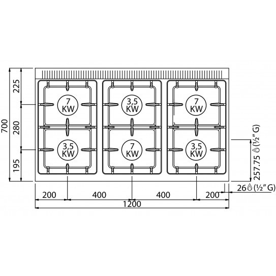 Vue dessus Fourneau gaz 6 feux 3x7kW + 3x3,5kW sur Four - 120x70x90cm MACROS 700 G7F6+T BERTO'S 18706200