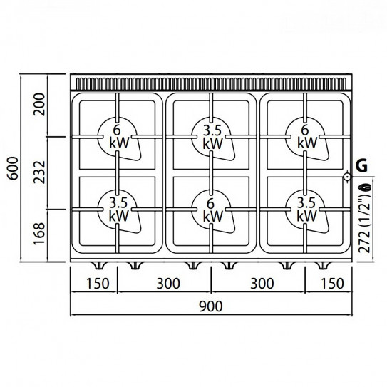 Vue dessus fourneau gaz 6 feux 3x6kW + 3x3,5kW - 90x60x90cm PLUS 600 G6F6MPW BERTO'S 21603600