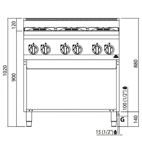 Vue face fourneau gaz 6 feux 3x6kW + 3x3,5kW - 90x60x90cm PLUS 600 G6F6MPW BERTO'S