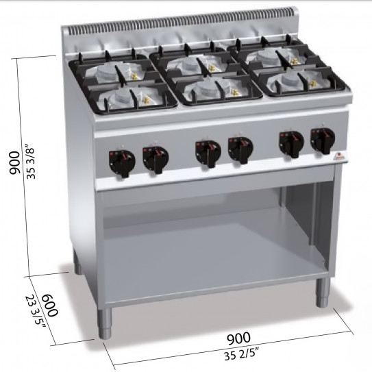 Dimensions Fourneau gaz 6 feux 3x6kW + 3x3,5kW - 90x60x90cm PLUS 600 G6F6MPW BERTO'S 21603600