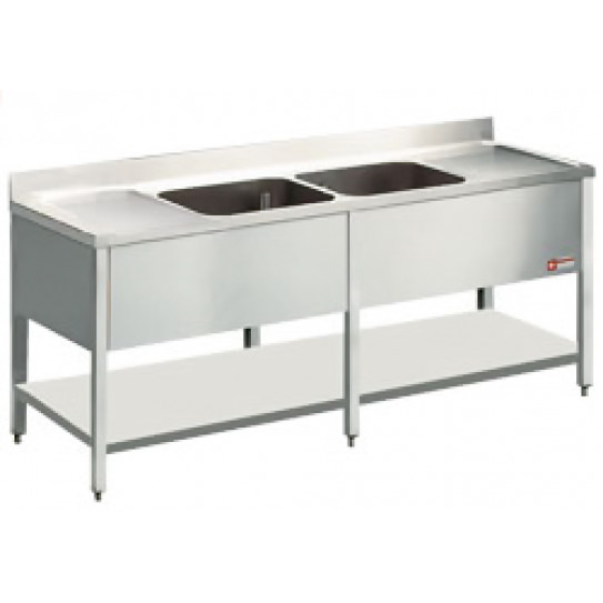 Plonge inox 2 bacs et 2 égouttoirs 2400x700x950 acier inox 18/10 AISI 441 - Diamond L2421