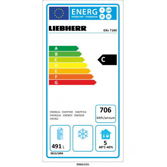Classe énergétique Armoire froide positive ventilée GN2/1 carrosserie inox 664L - GKV 7160 - LIEBHERR 127693