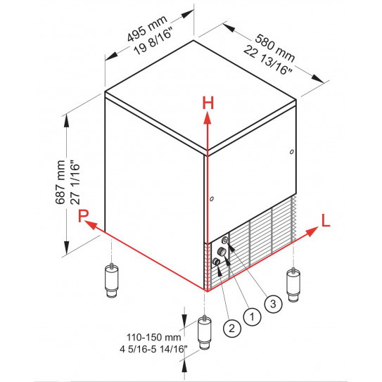 Dimensions Machine à glaçons creux - 1 Alimentation eau - 2 Evacuation eau - 3 Câble - IMF35WHC BREMA