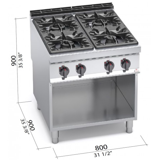 Dimensions Fourneau Gaz 4 feux vifs L900xP900xH900 mm MAXIMA 900 G9F4M BERTO'S 20702500