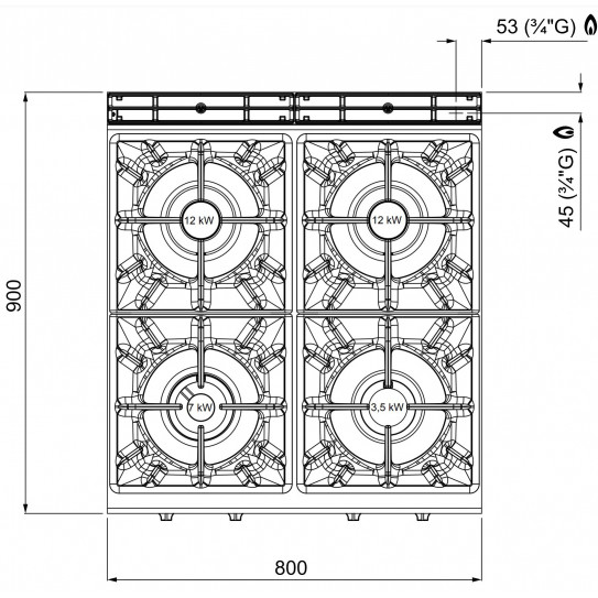 Dimensions dessus Fourneau Gaz 4 feux vifs L900xP900xH900 mm MAXIMA 900 G9F4M BERTO'S 20702500