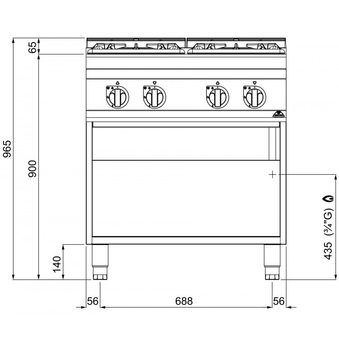 Fourneau 4 feux vifs gaz, sur four gaz GN2/1, Ligne 900