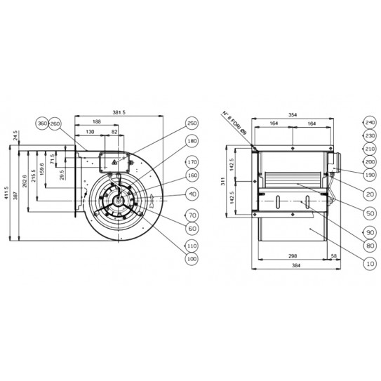Schéma dimensions en mm Moteur de hotte DDM 9/9 E6G3501 Nicotra