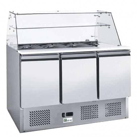 Saladette réfrigérée 3 portes dessus 4xGN1/1 avec pare-haleine en verre + étagère verre + plan de découpe - AAS903V