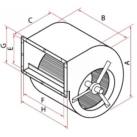 Dimensions en mm – A≃442 – B≃331/392 boîter inclus – C≃425 – E≃285 – F≃330 – G≃340 – H≃387 - Moteur de hotte