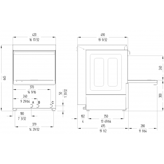 Schéma dimensions lave verres GP-35 Sammic