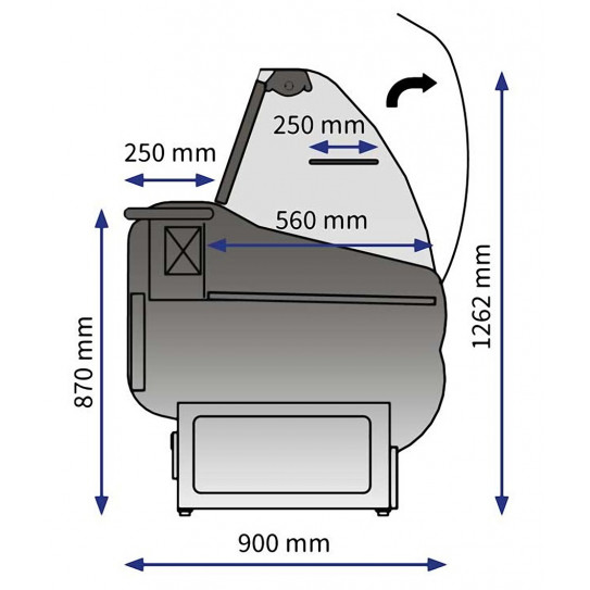 Schéma dimensions latérales Vitrine réfrigérée pour fromage, sandwichs, charcuterie ROMA VB DAP