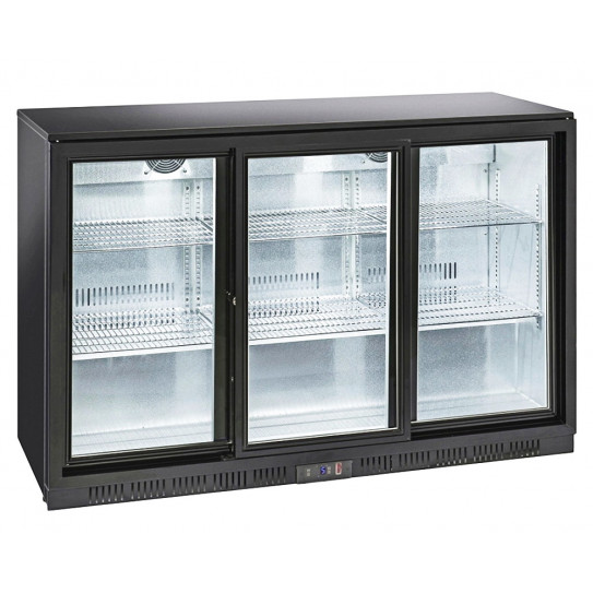 Arrière bar réfrigéré en skinplate noir, 3 portes coulissantes vitrées . Dim ext L1350 x P520 x H900mm - BBC330S L2G