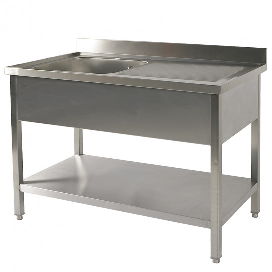 Plonge inox 1 bac + 1 égouttoir à droite + étagère 1200x600x900 - Bertrand Manufacturer PL/61215D+PP/1