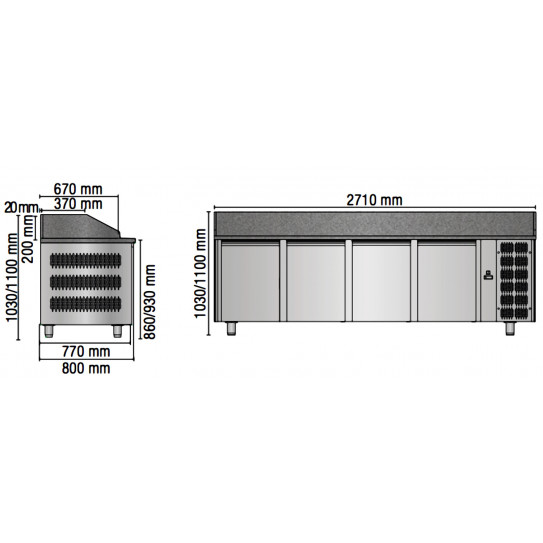 Dimensions PIZ4P800 Table Pizza Granit seule, 4 portes DAP PZ04MID80 TECNODOM