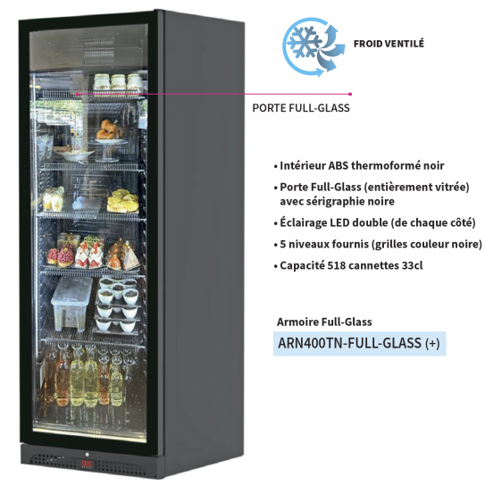 Détail glissières embouties & clayettes armoire boisson / épicerie réfrigérée ventilée tropicalisée 400L ARN400TN-FULL-GLASS