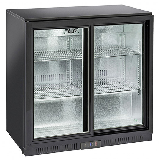 Arrière bar réfrigéré en skinplate noir, 2 portes coulissantes vitrées . Dim ext L900 x P520 x H900mm - BBC208S L2G