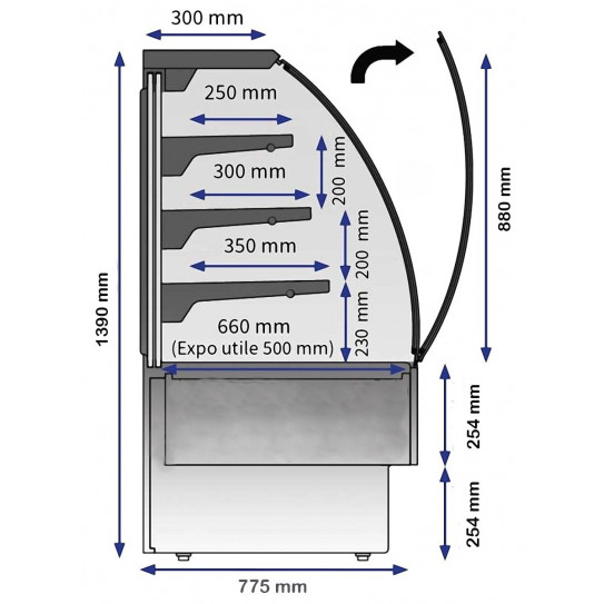 Dimensions Vitrine réfrigérée L 1540 mm pour sandwichs, viennoiserie, pâtisserie +2°C/+8°C - SIENA PLUS 1500 VB DAP DISTRIBUTION