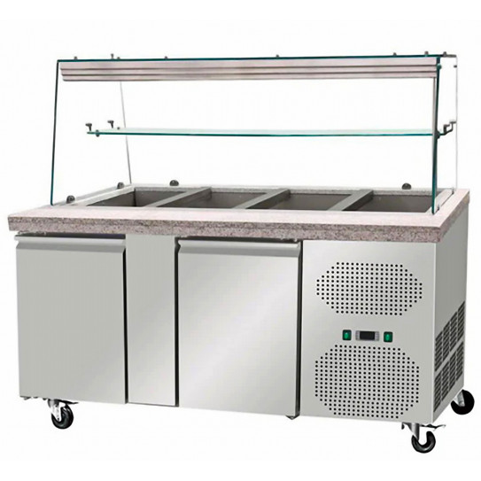 Saladette réfrigérée 2 portes dessus granit avec pare-haleine espace 4 x GN1/1 Dos boisée - THSAI158RG Skyrainbow