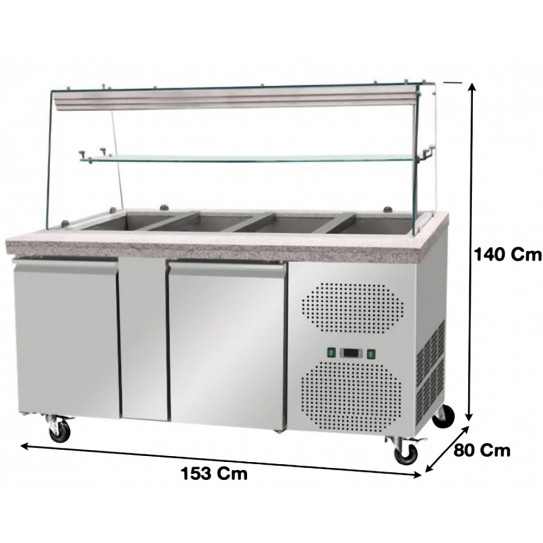 Dimensions Saladette réfrigérée 2 portes dessus granit avec pare-haleine  4 x GN1/1 Dos boisé - THSAI158RG Skyrainbow
