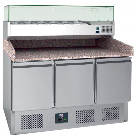 Table à pizza 3 portes dessus granit avec vitrine ingrédients S903PZ L2G