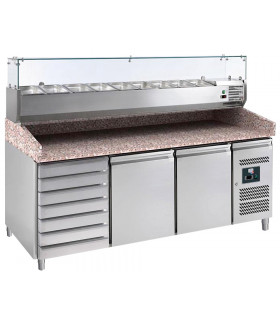 Meuble préparation pizza dessus granit, vitrine réfrigérée, 7 tiroirs, 2 portes PZ2610TN-VRX380
