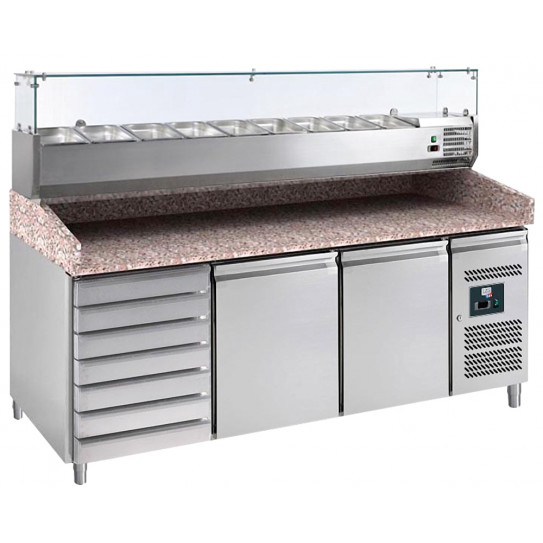 Meuble préparation pizza dessus granit, vitrine réfrigérée, 7 tiroirs, 2 portes PZ2610TN-VRX380