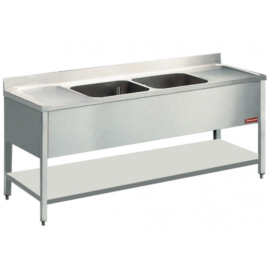 Plonge inox 2 bacs et 2 égouttoirs 2000x700x950 acier inox 18/10 AISI 441 - Diamond L2021-D