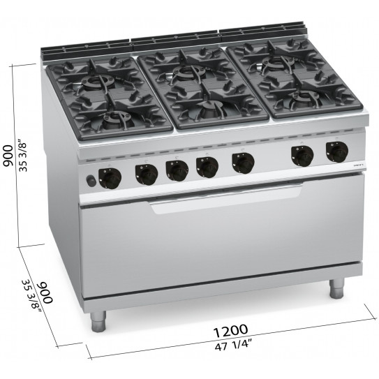 Dimensions fourneau Gaz 6 feux vifs sur four gaz de 12kW - MAXIMA 900 HIGH POWER G9F6+T - 20706200 BERTO'S