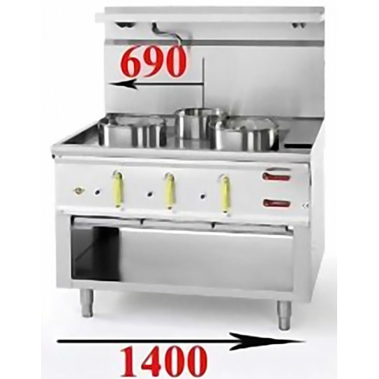 Dimensions : 1400 x 900 x H780/1320 mm feu chinois 3 brûleurs avec 3 couronnes amovibles Ø 290 mm - C3R