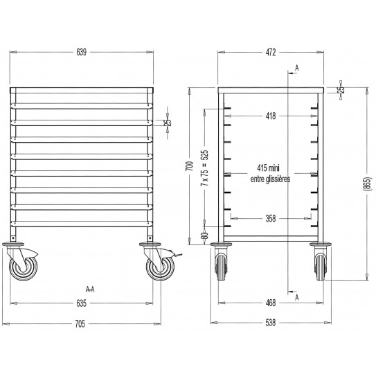 Dimensions échelle pâtissière basse inox monobloc soudée 600x400  8 niveaux euronorm - SCHB6040-8 - L2G