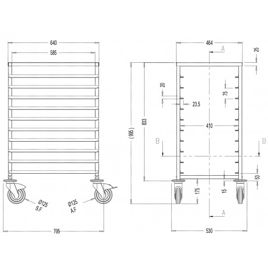 Dimensions échelle pâtissière basse inox monobloc soudée 600x400  10 niveaux Euronorm - SCHB6040-10 - L2G