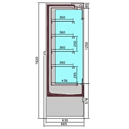 Schéma latérale dimensions Vitrine froide murale 130 réfrigérée ventilée JAMIE 1.3 - 7350.0035 Combisteel