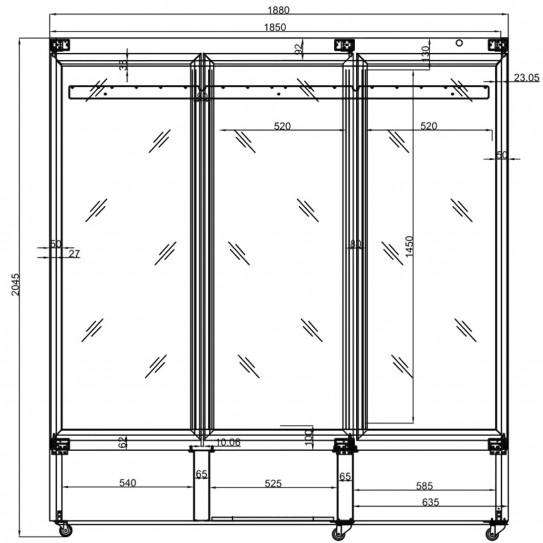 Schéma dimensions Vitrine froide murale 3 portes vitrées sur roulettes, noire - 7526.0110 Combisteel