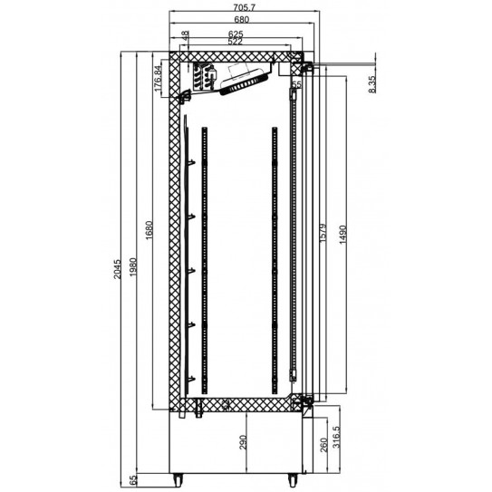 Schéma dimensions latérale Vitrine murale réfrigérée 3 portes vitrées sur roulettes, noire - 7526.0110 Combisteel