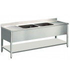 Plonge inox 2 bacs et 2 égouttoirs 2600x700x950 acier inox 18/10 AISI 441 - Bertrand Manufacturer PL/2626-P1
